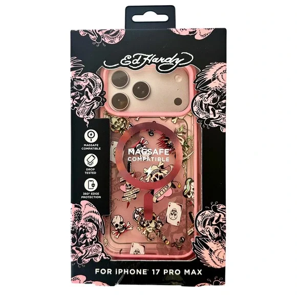 Ed Hardy Phone Case Women iPhone 17 Pro Max Pink NIB MagSafe Skull Tattoo Y2K