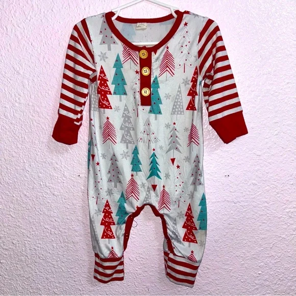 Christmas Tree 18-24 months Bamboo Style Striped Patchwork Romper