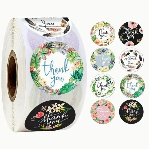 NEW 5 ROLLS OF THANK YOU MULTI COLORED FLORAL PACKAGE STICKERS (2500 TOTAL) 1