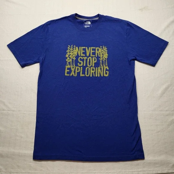 North Face Graphic T Shirt Mens Small Blue Short Sleeve Cotton Polyester