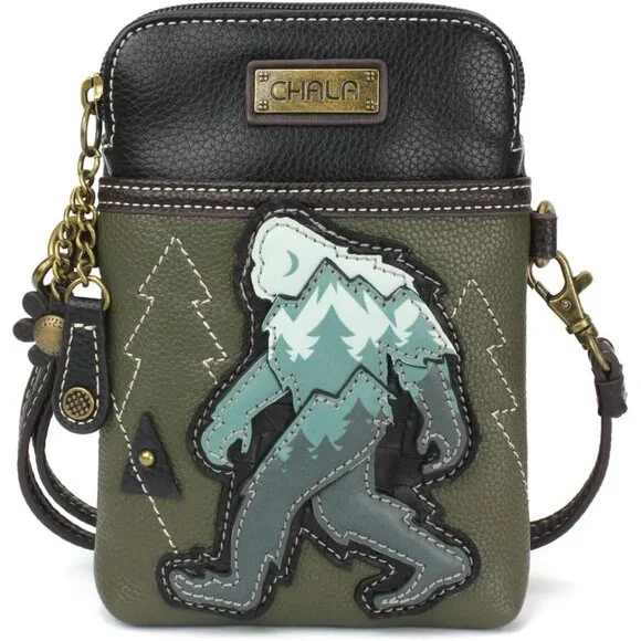 Women’s Olive Big Foot Cell Phone Crossbody Purse Faux Leather Canvas Adjustable