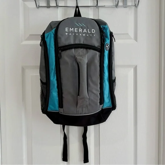 Emerald Waterways Daypack, Backpack Travel Bag -Gray Blue Black Side Pockets EUC