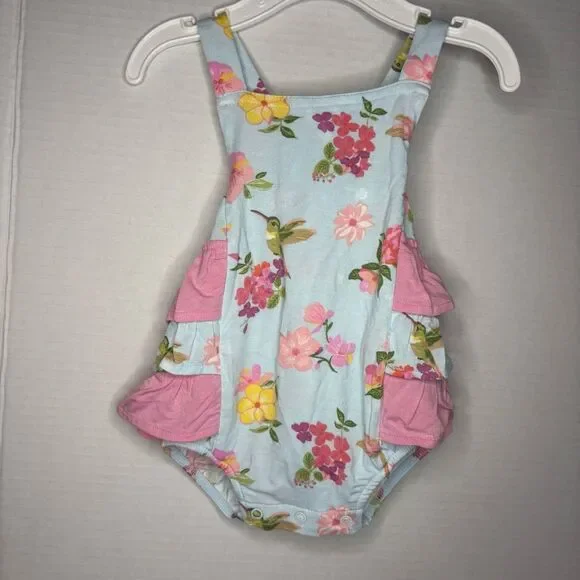Angel Dear Baby Girl Blue Pink Cute Hummingbirds Ruffle Sunsuit NWT 0-3M Bamboo