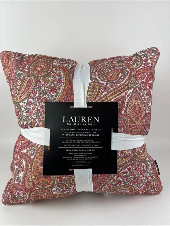 Lauren Ralph Lauren Indoor Outdoor Pillows Paisley Red Pink Green Set of 2 NEW