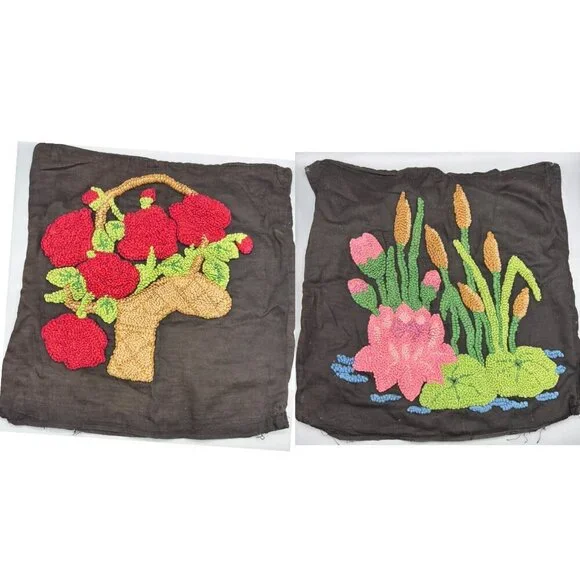 Vtg 2 Pc Handmade Punched Black Pillow Covers Colorful Floral
