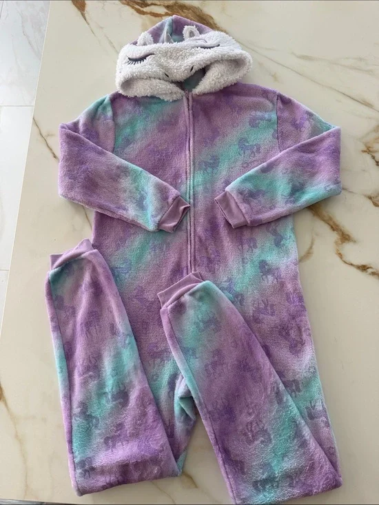 Plush Unicorn Hooded Kids One-Piece - Purple & Teal