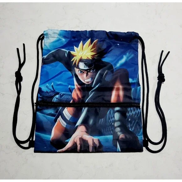 Naruto Drawstring Book Bag Tote With Zipper Pocket Anime Boruto Japan NWOT