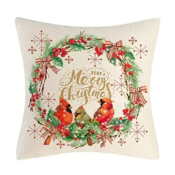 Christmas Pillowcase Wreath of Greenery/Berries‎ with Cardinal Family NWOT