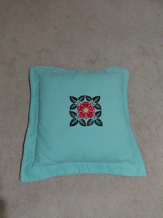 Embroidered Aqua Decorative Pillow with Red Floral Motif