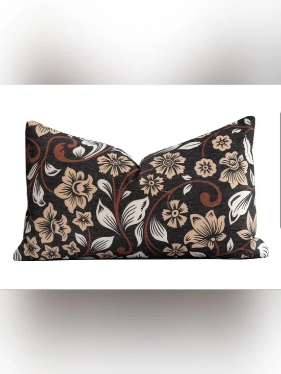 Lumbar Floral Accent Pillow Cover in Black, Tan & White 12x20