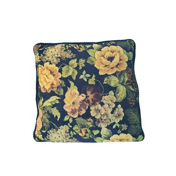 Vintage Floral Tapestry Throw Pillow With Bold Cottagecore Design & Corded Trim