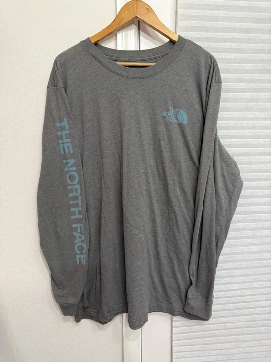 The North Face Men's Long Sleeve Tee - Gray with Light Blue Logo