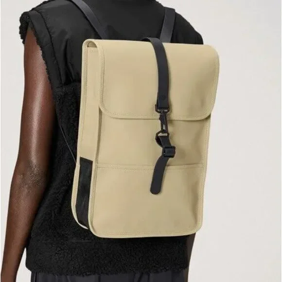 Rains Waterproof Backpack Rucksack Straw/Yellow Laptop External Phone Pocket New