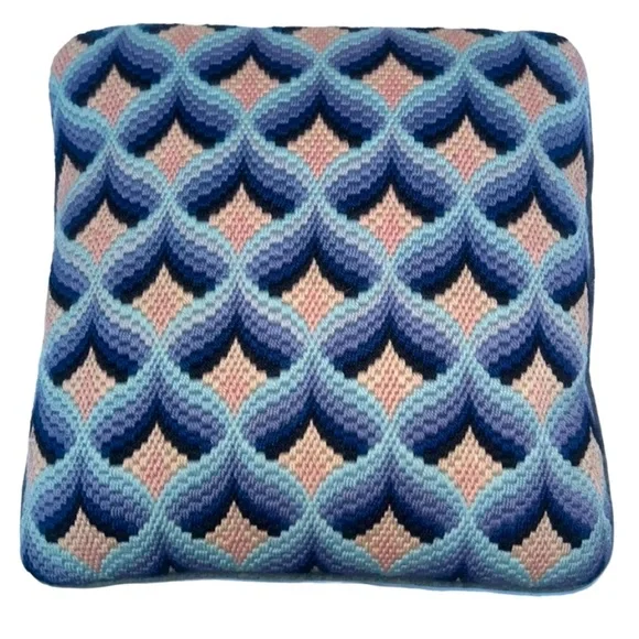 Antique Needlepoint HAND MADE BLUE tan shabby chic 3D Hearts  pillow 13