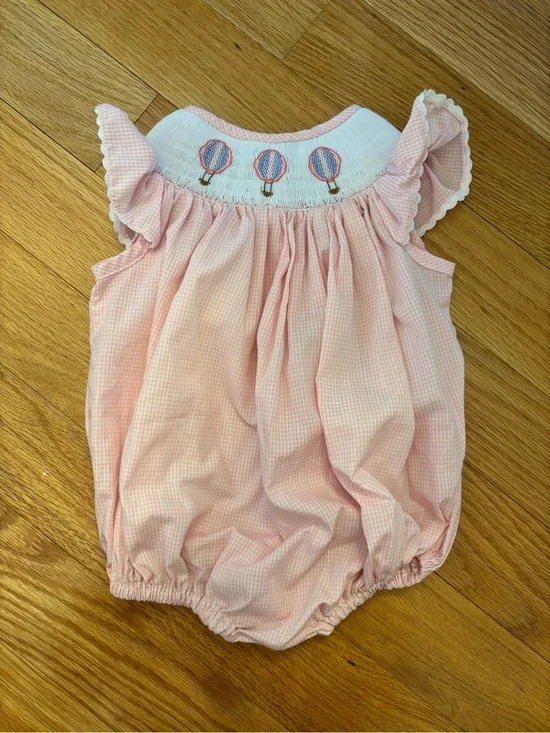 Pink Gingham Baby One-Piece with Hot Air Balloon Smocking