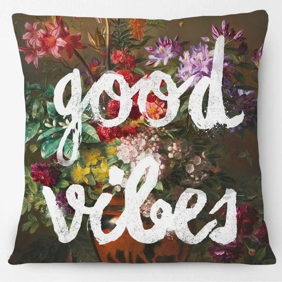 Good vibes graffiti over floral print canvas pillow cover