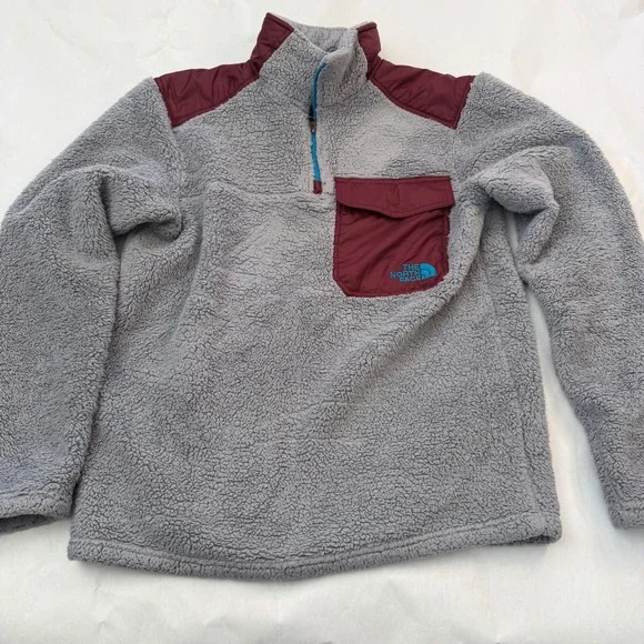 North Face Mens‎ Fleece Pullover Jacket Burgundy Gray Sherpa Pile Outdoor S