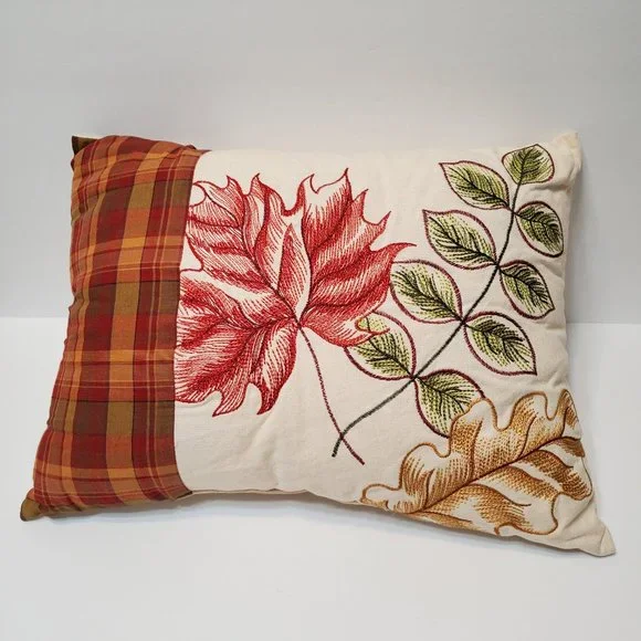 Decorative Pillow with Embroidered Fall Leaves, Autumn Plaid, 15