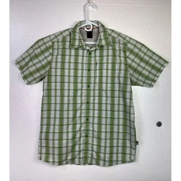 North Face Mens Shirt L Green Plaid Short sleeve Button Up Pocket Outdoor Vented