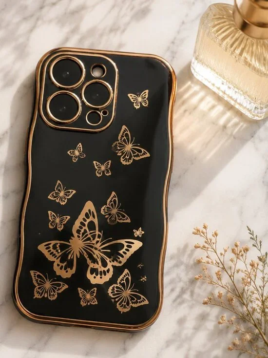 iPhone 14 Pro Max Butterfly Case Gold Trim Clear Black Aesthetic Cute Protective