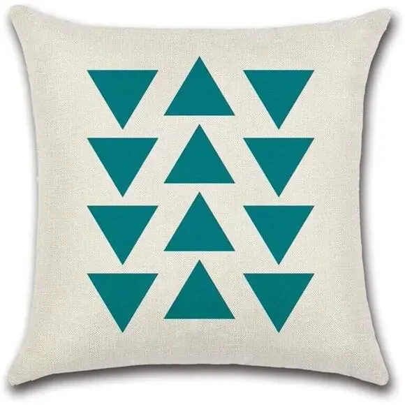 Square Accent Pillow Cover 18X18 Linen Blend Geometric Teal Triangle Print
