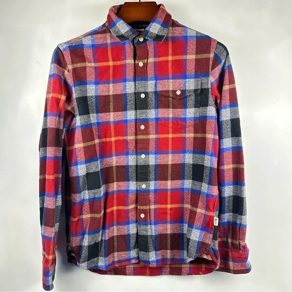 The North Face ‎ Flannel Shirt Men's small Red Black Blue Plaid Long Sleeve