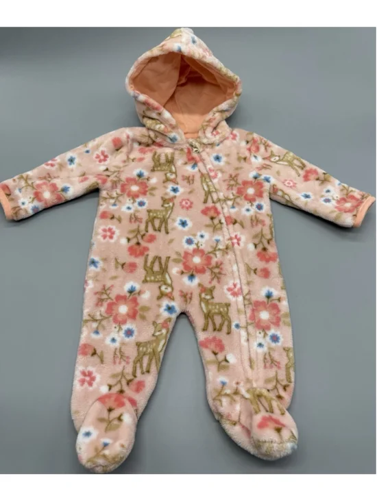 Little Beginnings Pink Floral Deer 0-3 Months Fleece Hooded Footed One-Piece