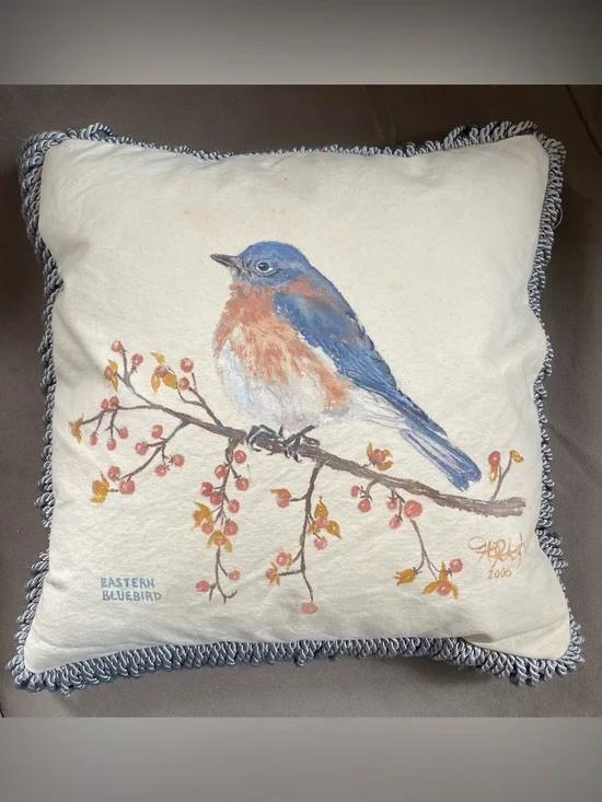 Pillow Hand Painted Eastern Bluebird by Jennifer Jones Rashleigh of RI.