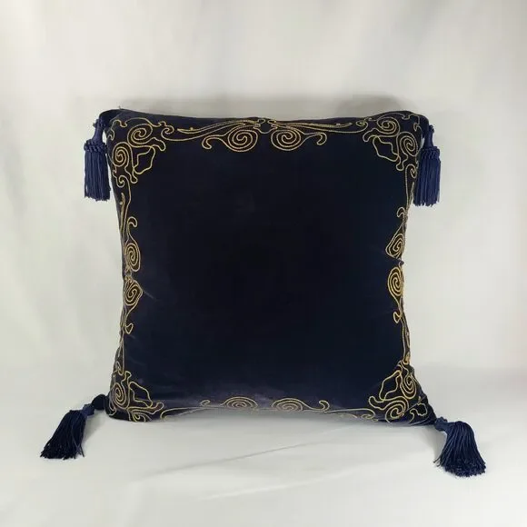 Velvet Navy Blue Gold Tassel Whimsigoth Throw Pillow Square 16