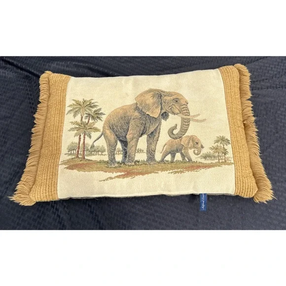 Elephant Safari Tapestry Throw Pillow Decor 24x15 Tan Gold Ashford Court RARE