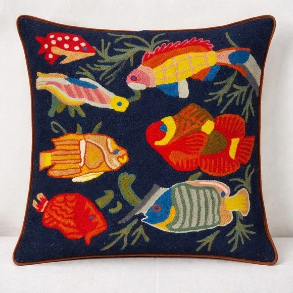 Kashmir Handmade Wool Embroidery Fish‎ Pillow Cover Navy Blue 18x18 Square