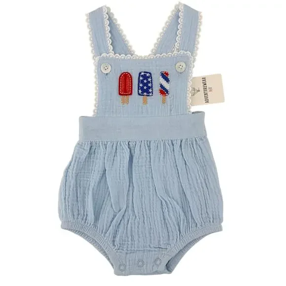 Adventure Wear 360 Baby Girl Sz 6M Blue Patriotic Popsicle Bubble Romper USA