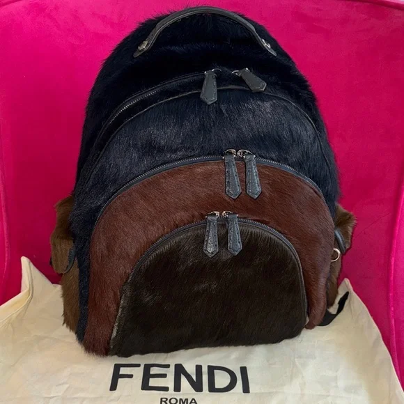 Fendi Black and Brown Fur Backpack travel bag Rucksack runway bag