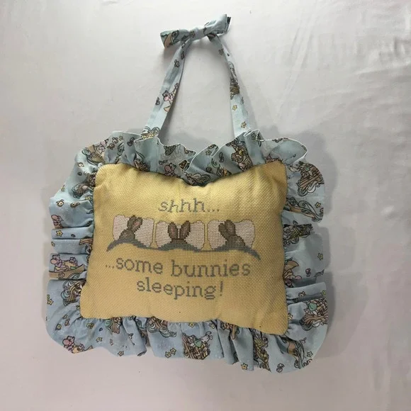 Vintage Handmade Cross Stitch Some Bunnies Sleeping Hanging Pillow‎ Cottagecore