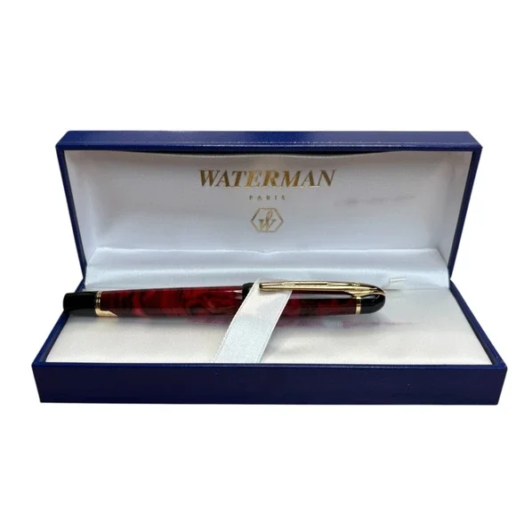 New Waterman Paris‎ Rollerball Pen Red Marble Gold Trim w/ Original Box Blue Ink