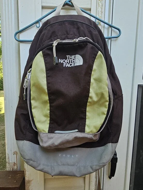 North Face Vault Backpack Brown Lime Green Embroidered Hiking Laptop Flaw Stains
