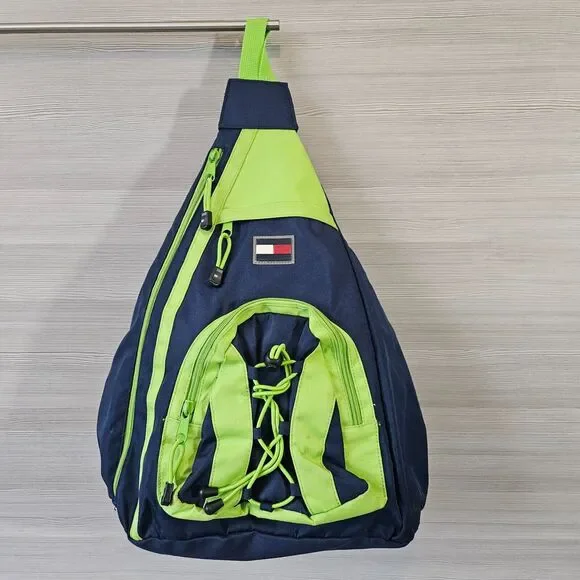 Tommy Hilfiger Logo Blue Lime‎ Green Crossbody Sling Ergo Bag Backpack Vintage