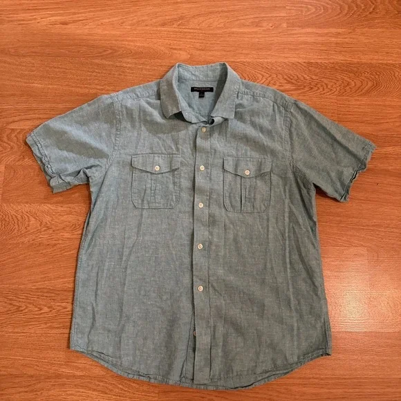 Banana Republic Shirt Men's Large‎ Blue Linen/Cotton Blend Button Up Preppy