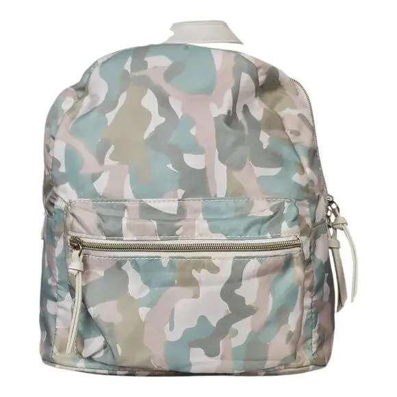 Pastel Camouflage Mini Backpack with White Faux Leather Straps‎