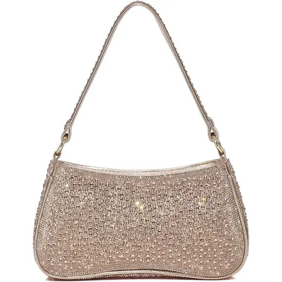 Gold Rhinestone Women's Clutch Purse Evening Bag with Zipper Closure and Adjusta