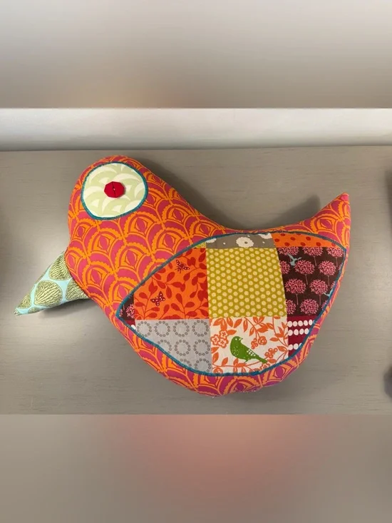 Handmade Patchwork Bird Accent Pillow Boho Folk Art Whimsical Bird Button Eye