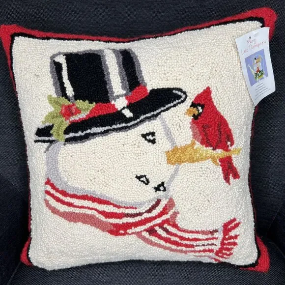Mary Lake Thompson NEW Accent Pillow Christmas Snowman Cardinal Wool Hooked 18
