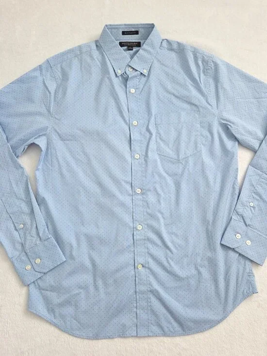 Banana Republic Slim Tech Stretch Cotton Shirt Mens Medium Blue Polka Dot Button