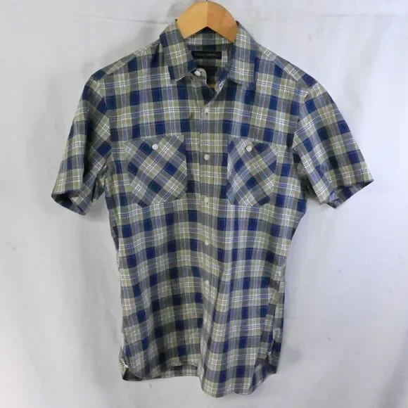 Banana Republic Small Blue Green Plaid‎ Camden Fit S/S Button Front Mens Shirt