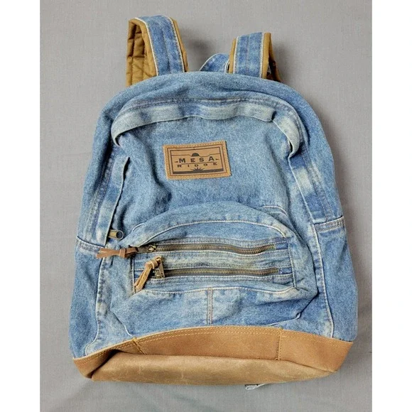 Mesa Ridge Vintage Denim Backpack Leather Base Blue Medium Wash Western‎ Daypack
