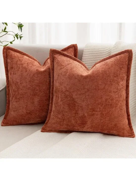 Cozy Burnt Orange Chenille Throw Pillow Covers 24x24 Set of 2 - Boho Farmhouse