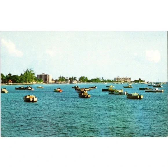 Vintage‎ Barbados Carlisle Bay Fishing Fleet Postcard with Hotels