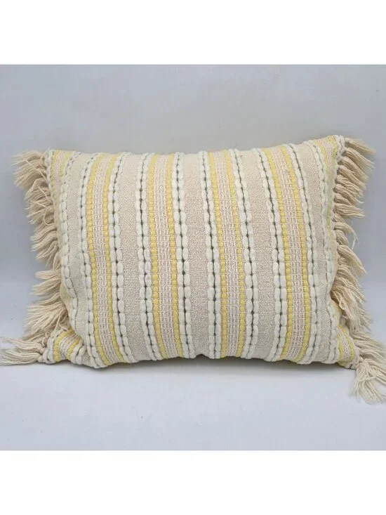 MCM Yellow & Cream Striped Woven Throw Pillow Fringe Accents 20