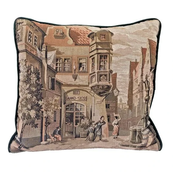 Vintage‎ Tapestry Pillow After Carl Spitzweg The Pharmacy Green Velvet Old World