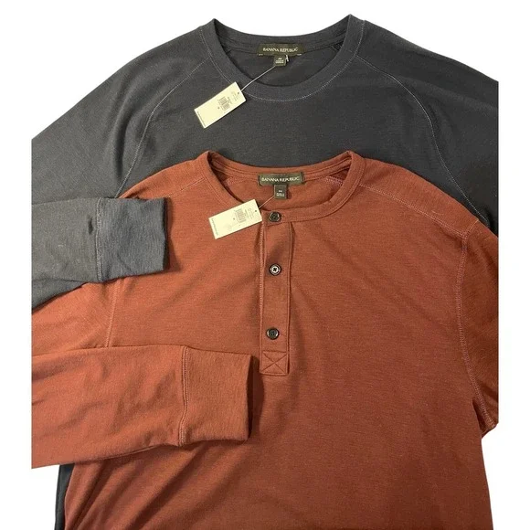 2 BANANA REPUBLIC‎ Slub Double-Knit Henley Shirts Mens Sz M Navy Burgundy New